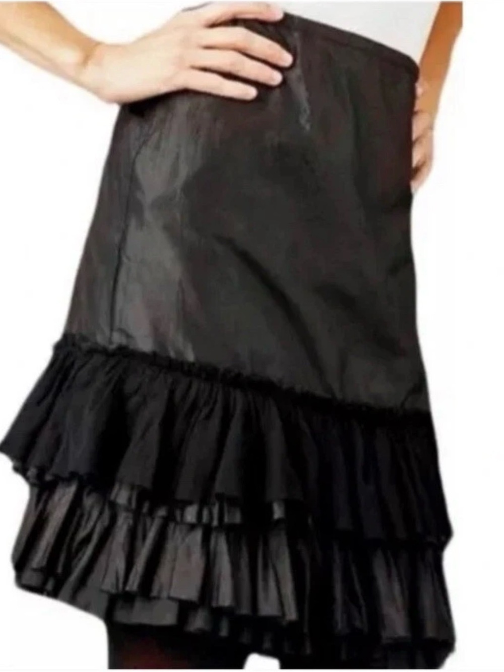 Eileen Fisher Black Washed 100% Silk Taffeta Bias Cut Ruffle Hem Skirt Women’s S